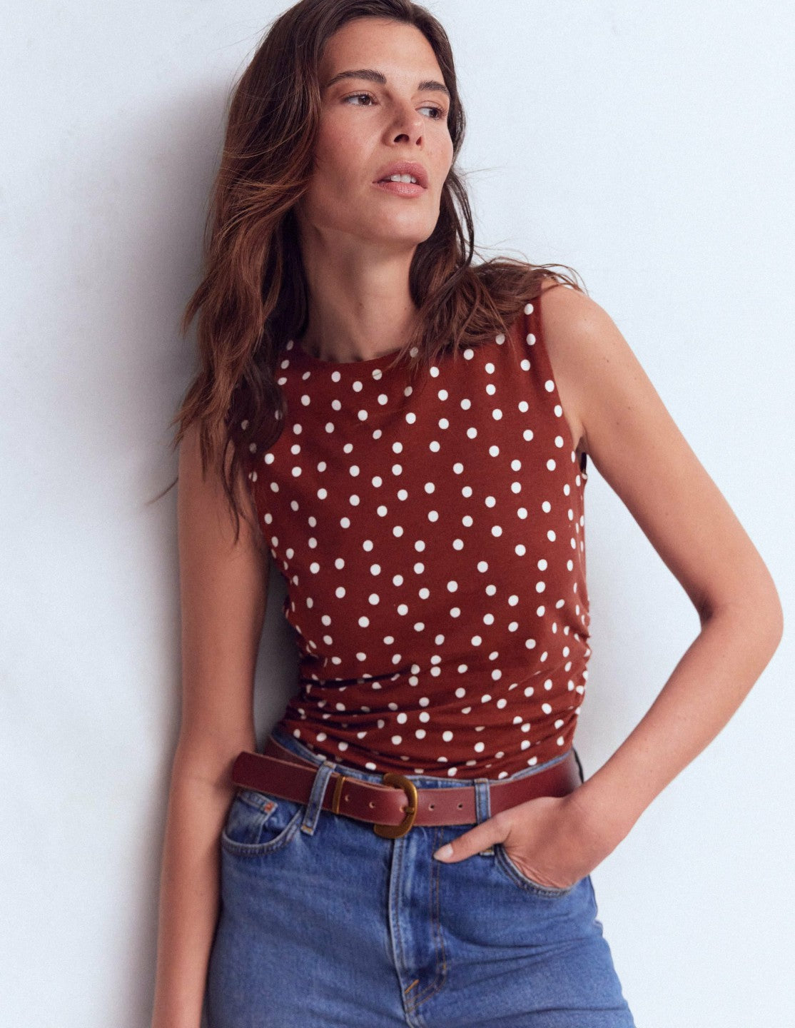 Boden Women Tia Sleeveless Ruch Jersey Top-Bitter Chocolate & Ivory Spot