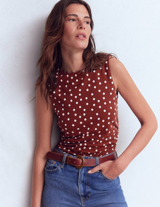 Boden Women Tia Sleeveless Ruch Jersey Top-Bitter Chocolate & Ivory Spot