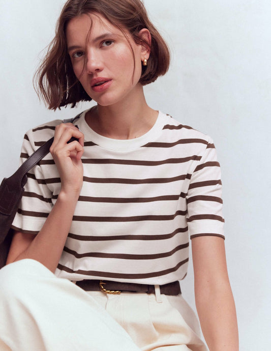 Boden Women Relaxed Cotton T-shirt-Brown and Ivory Stripe