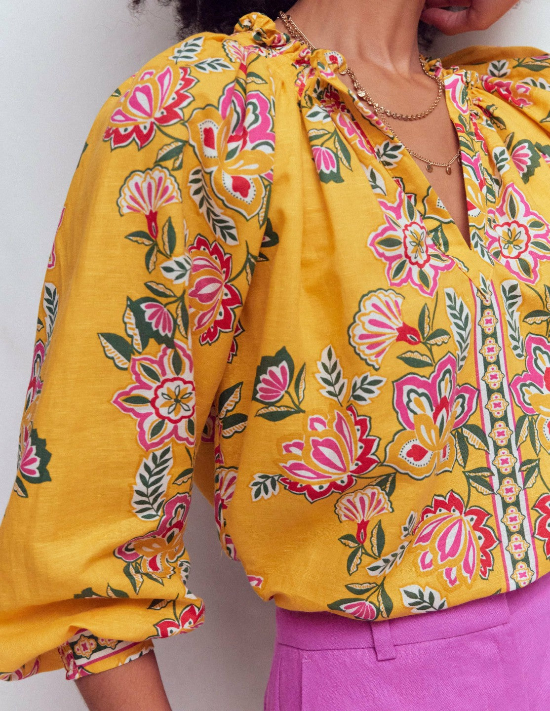 Boden Women Serena Pleat Neck Linen Top-Marigold, Blossom Elegance