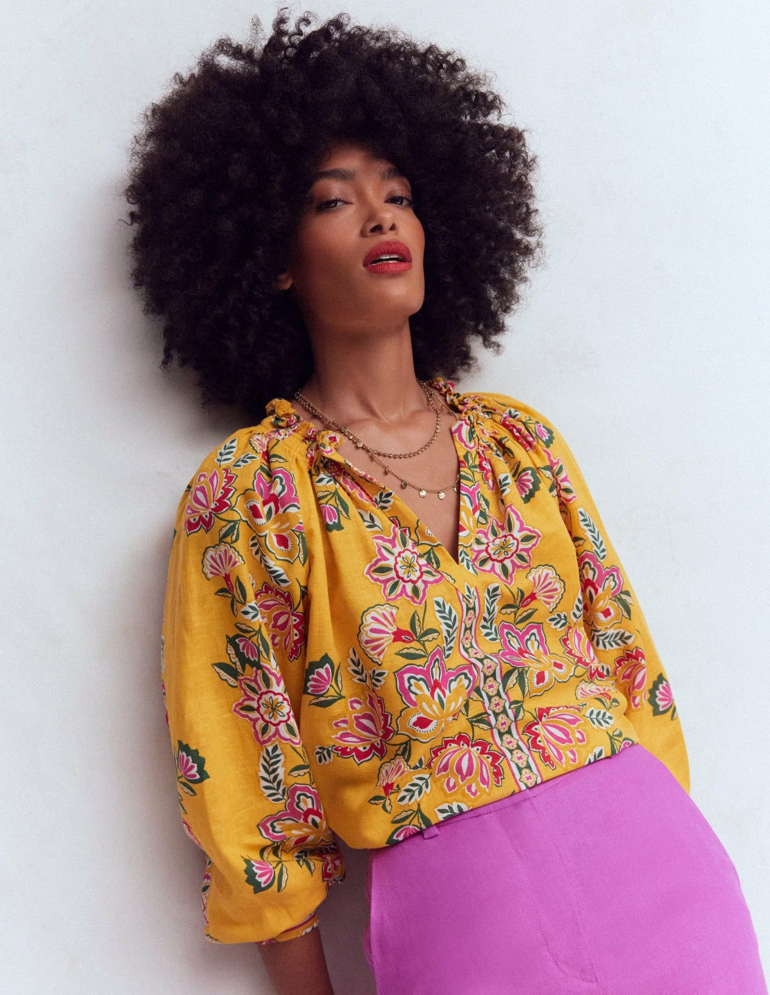 Boden Women Serena Pleat Neck Linen Top-Marigold, Blossom Elegance