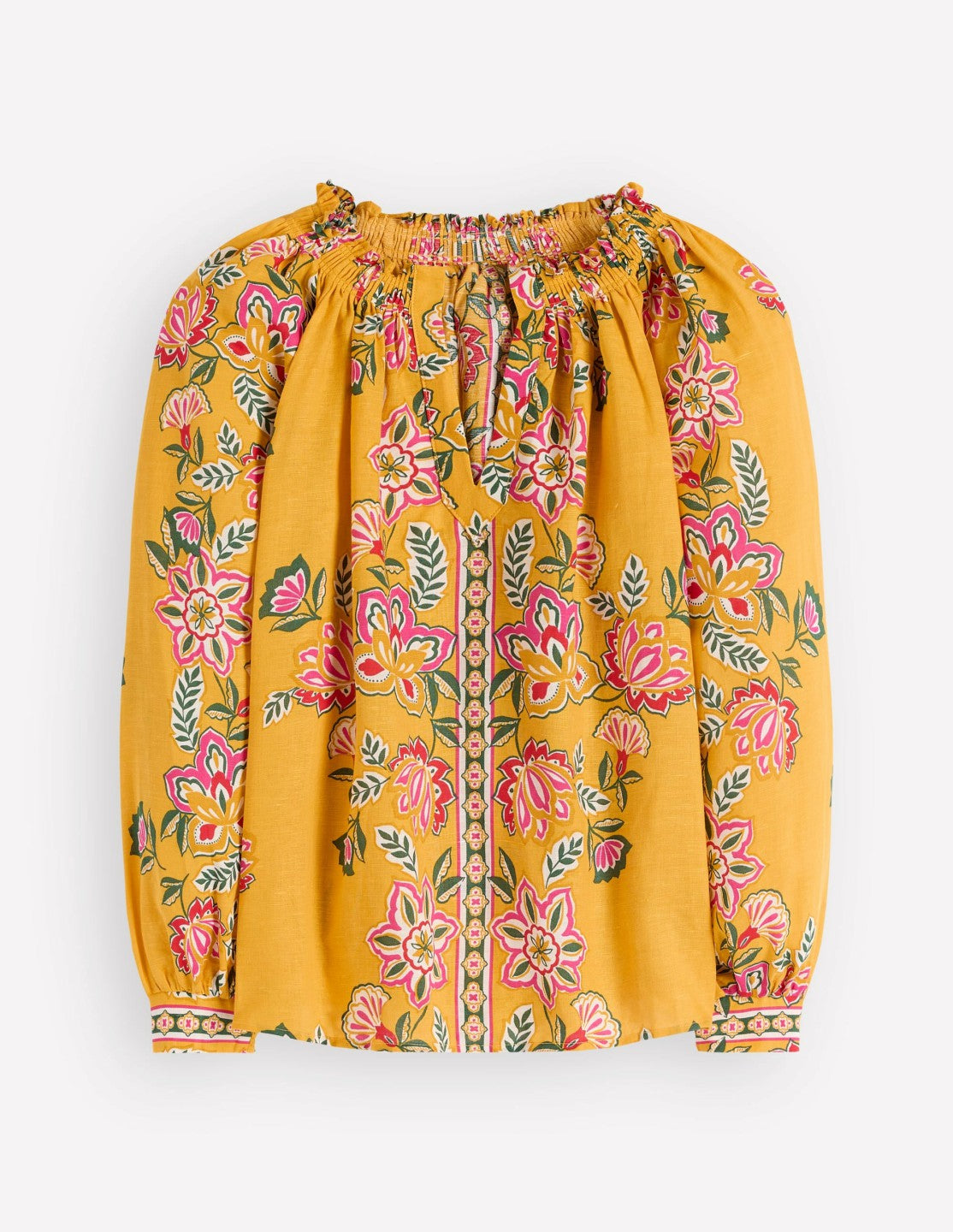 Boden Women Serena Pleat Neck Linen Top-Marigold, Blossom Elegance