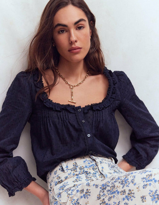 Boden Women Scoop Neck Ruffle Top-Navy
