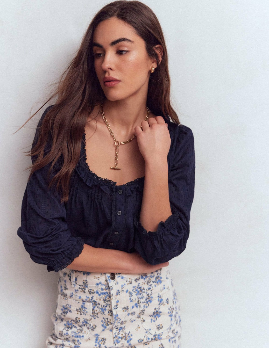 Boden Women Scoop Neck Ruffle Top-Navy