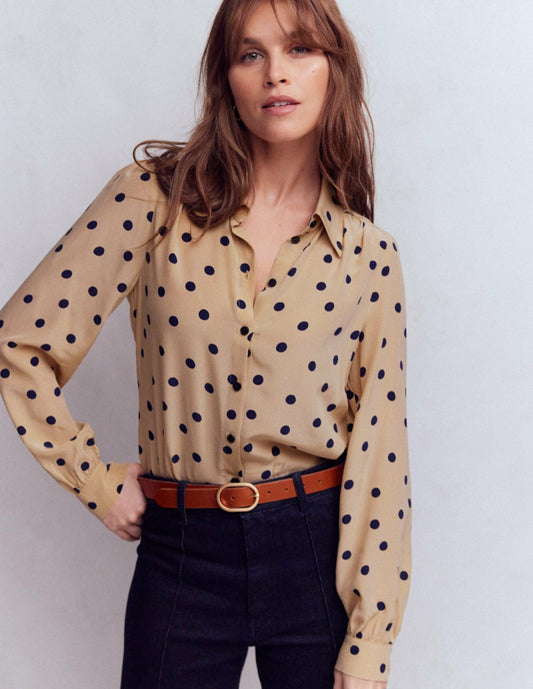 Boden Women Sara Silk Shirt-Sand, Painted Dot Spaced