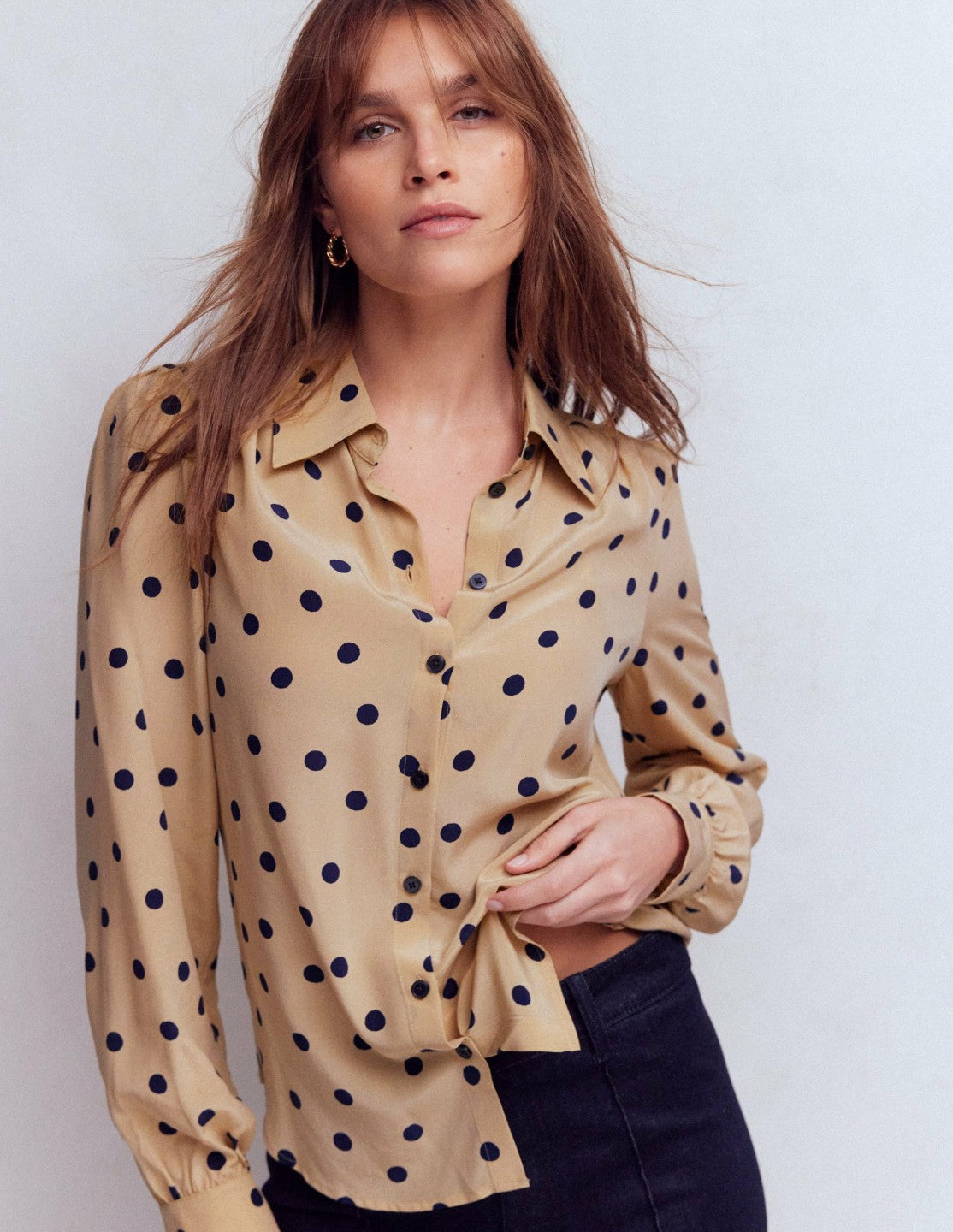 Boden Women Sara Silk Shirt-Sand, Painted Dot Spaced