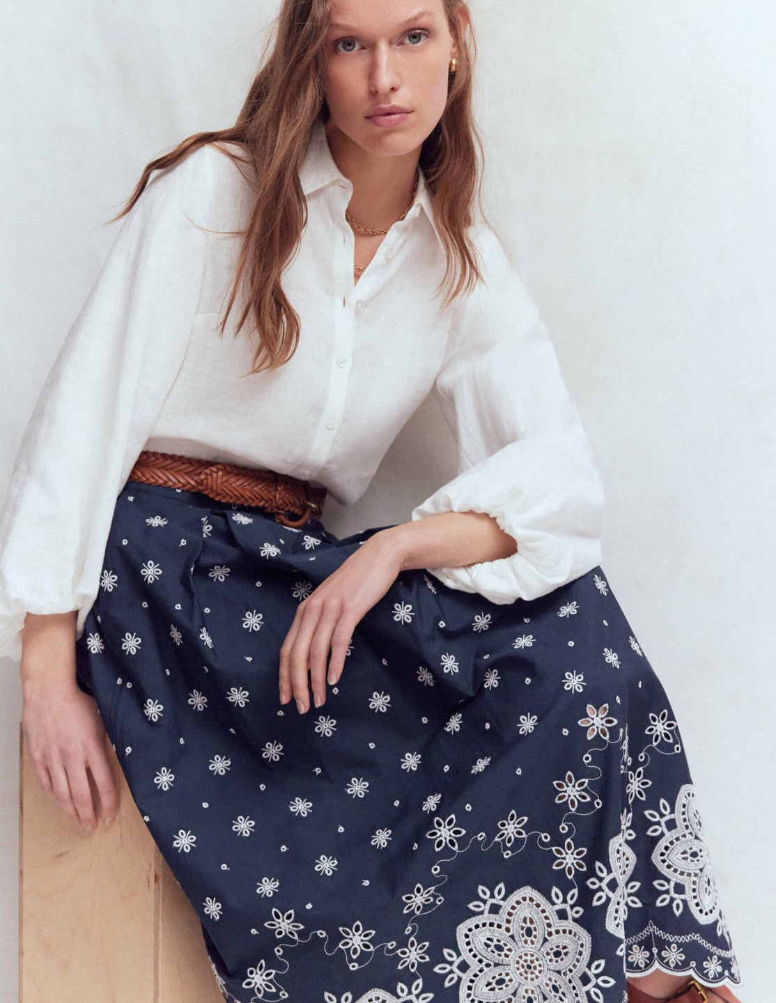 Boden Women Verity Broderie Poplin Skirt-Navy