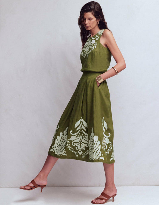 Boden Women Verity Linen Midi Skirt-Woodland Green Embroidery