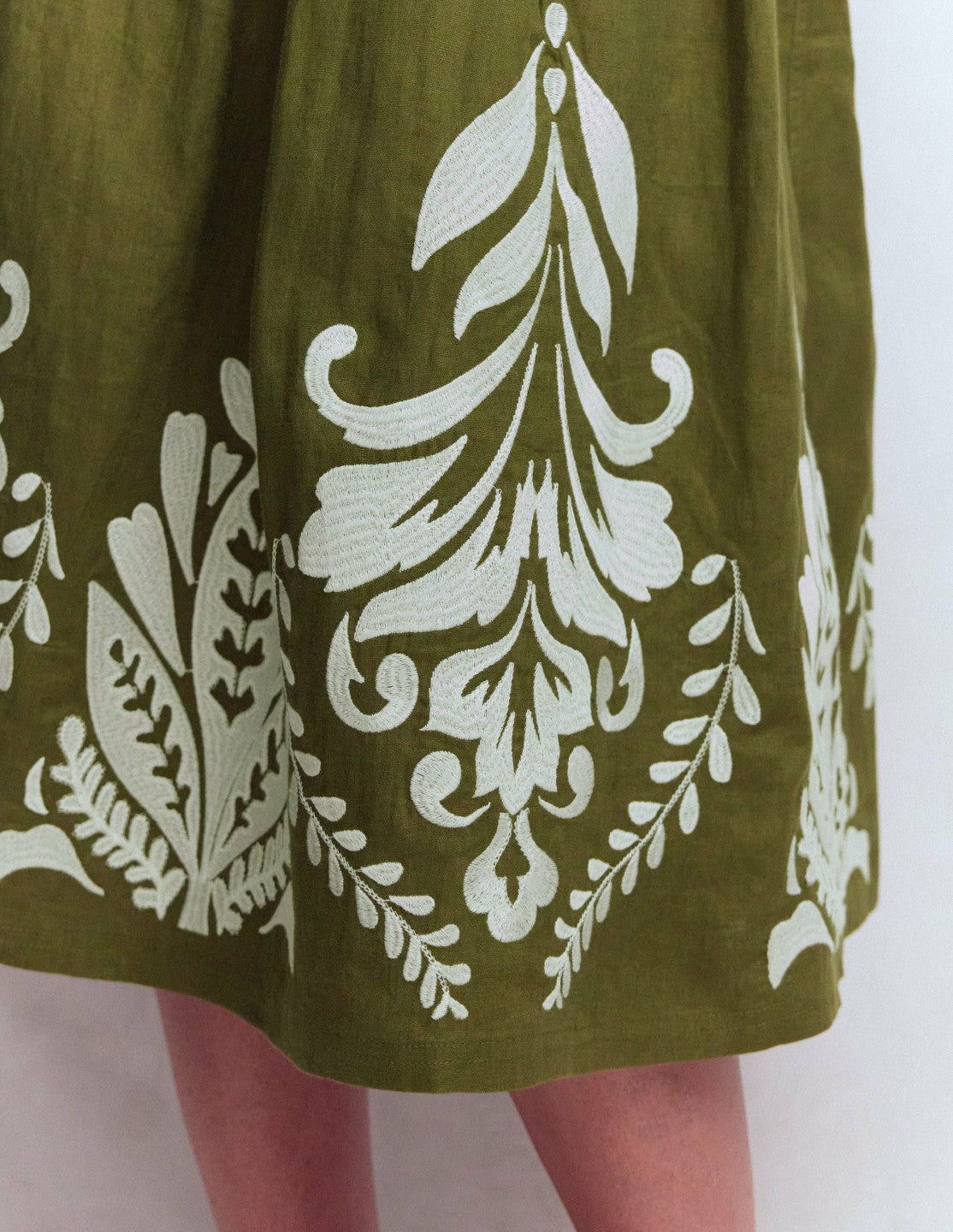 Boden Women Verity Linen Midi Skirt-Woodland Green Embroidery