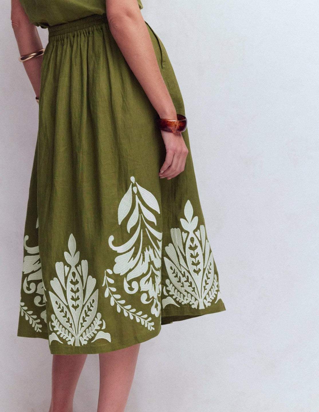 Boden Women Verity Linen Midi Skirt-Woodland Green Embroidery