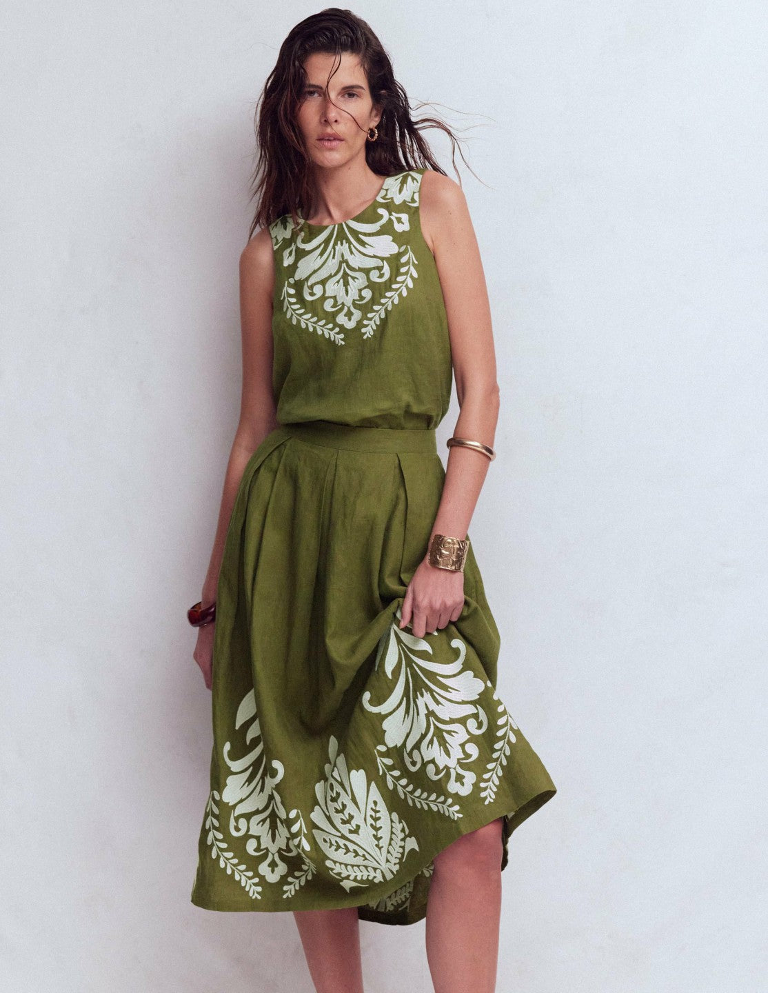 Boden Women Verity Linen Midi Skirt-Woodland Green Embroidery