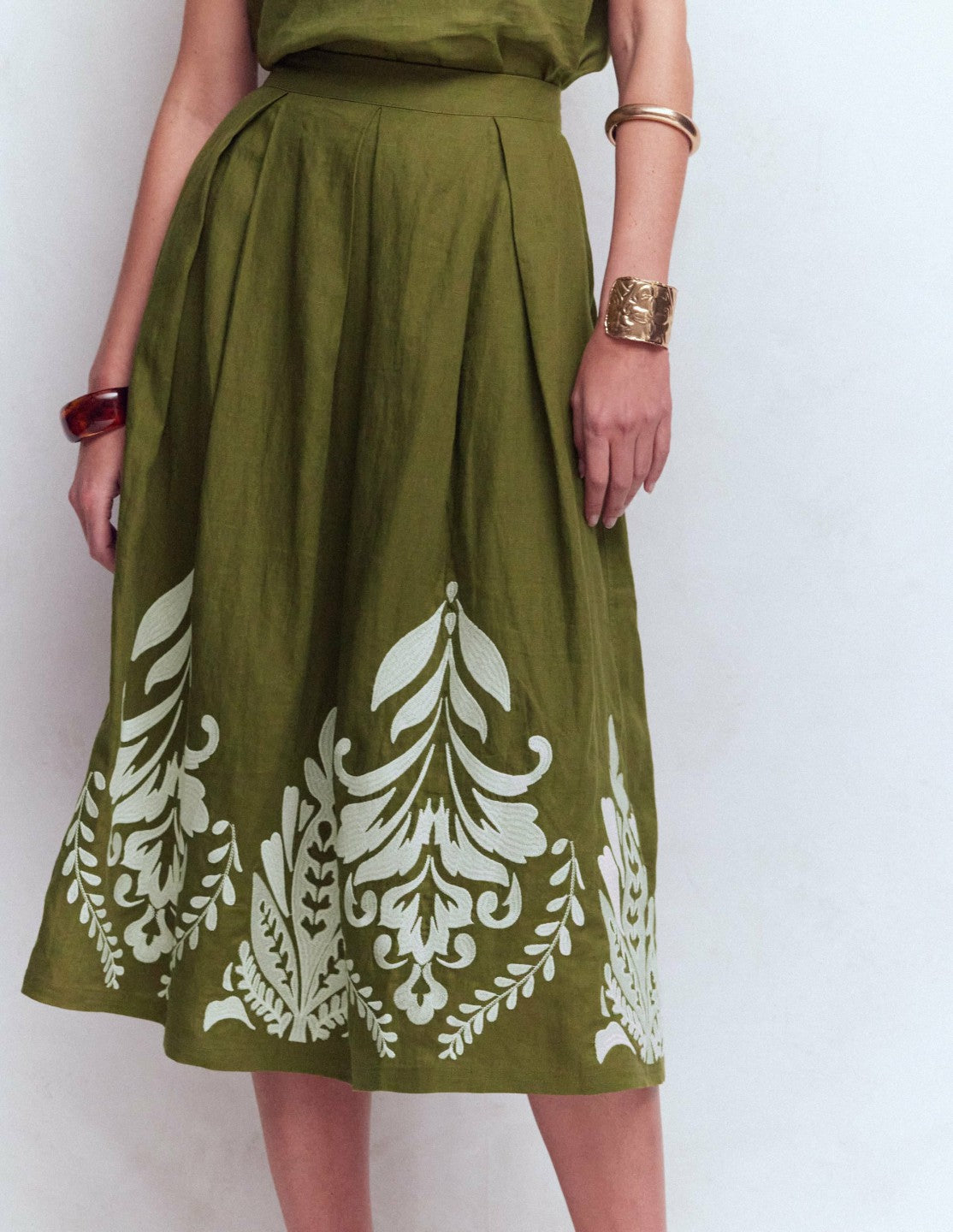 Boden Women Verity Linen Midi Skirt-Woodland Green Embroidery