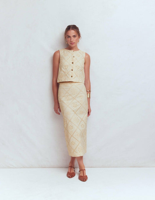 Boden Women Textured Column Skirt-Ivory Broderie