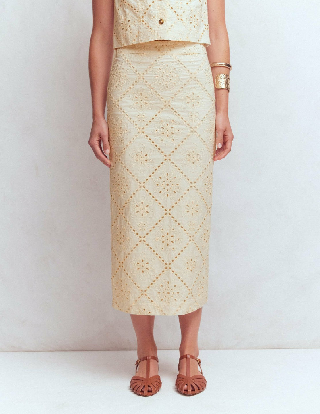 Boden Women Textured Column Skirt-Ivory Broderie