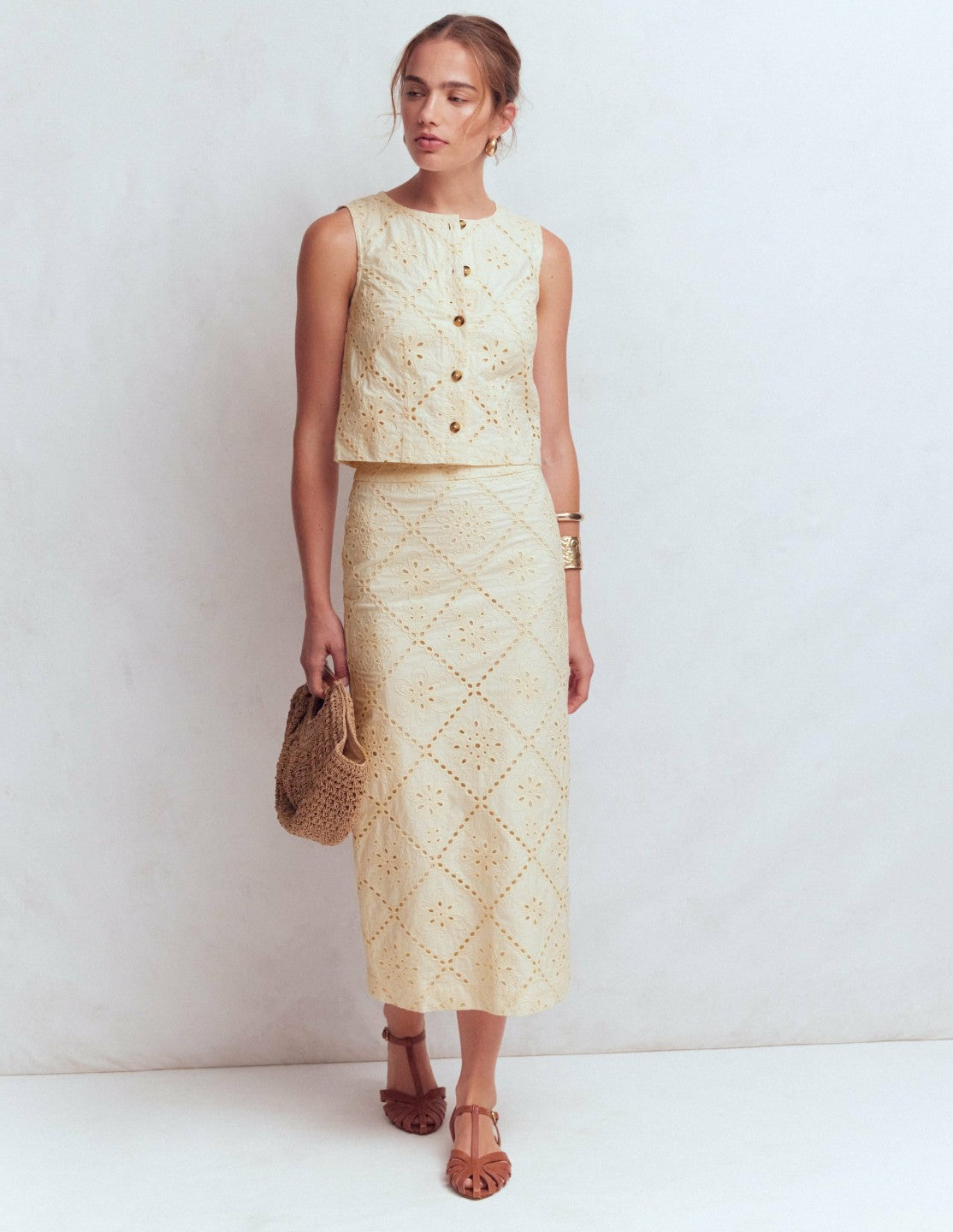 Boden Women Textured Column Skirt-Ivory Broderie