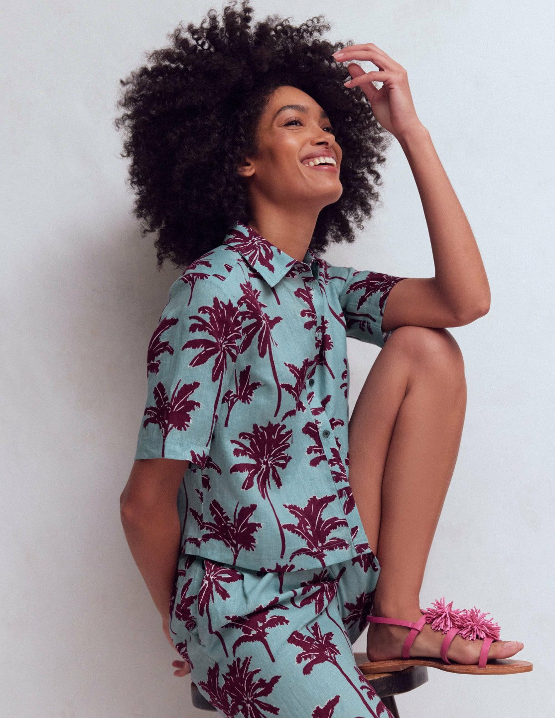 Boden Women Short Sleeve Linen Shirt-Seamist Blue, Palm Paradise