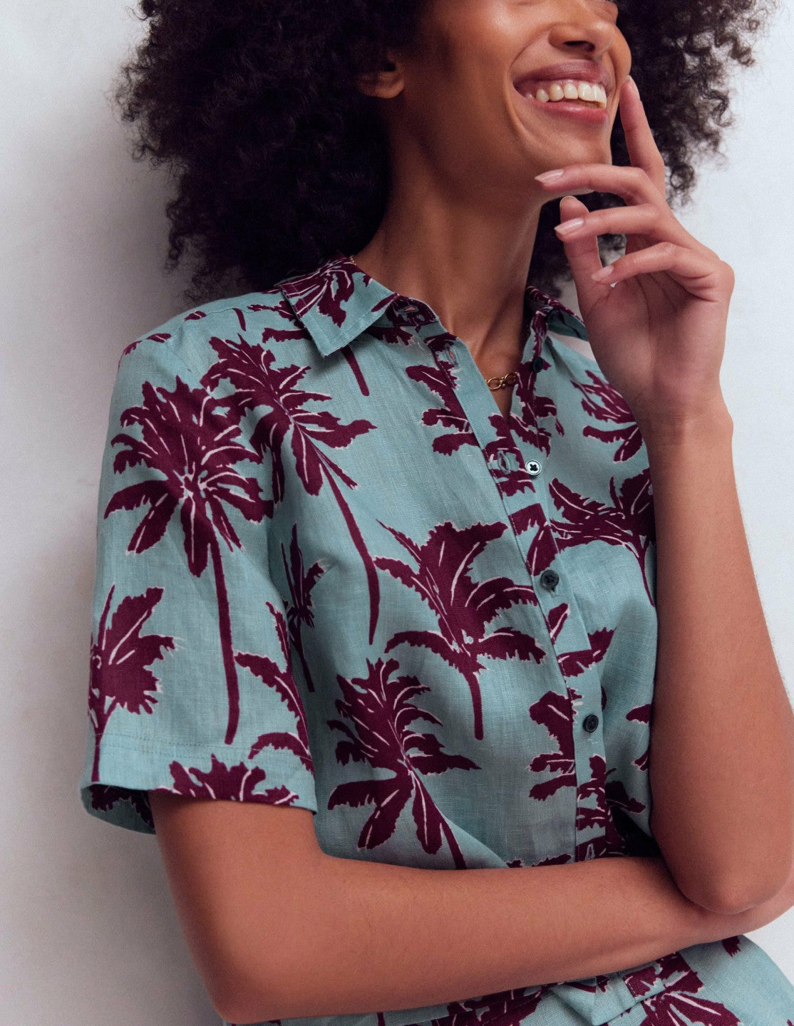 Boden Women Short Sleeve Linen Shirt-Seamist Blue, Palm Paradise