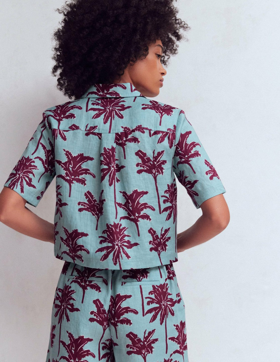 Boden Women Short Sleeve Linen Shirt-Seamist Blue, Palm Paradise
