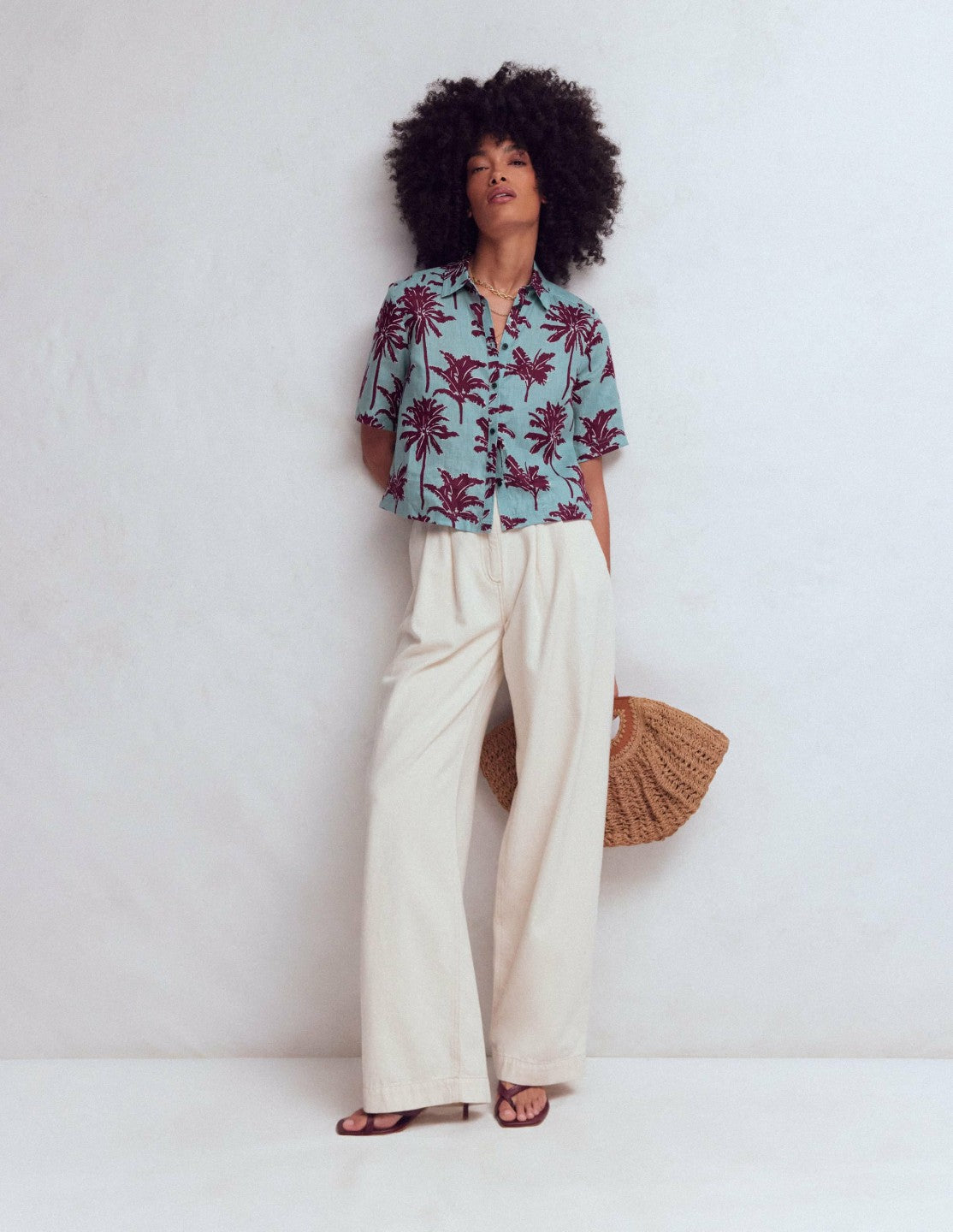 Boden Women Short Sleeve Linen Shirt-Seamist Blue, Palm Paradise