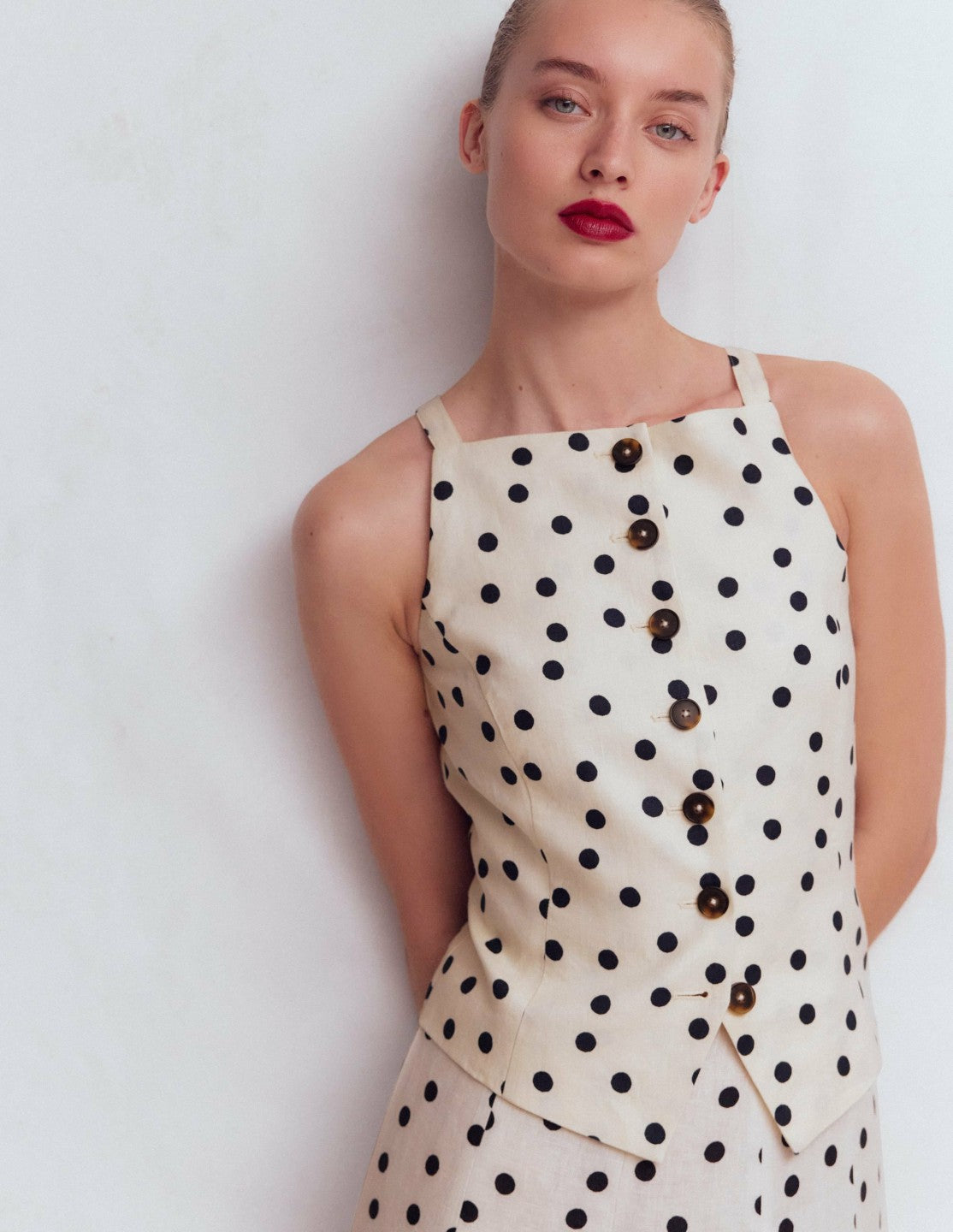 Boden Women Square Neck Linen Waistcoat-Ivory, Painted Dot Spaced