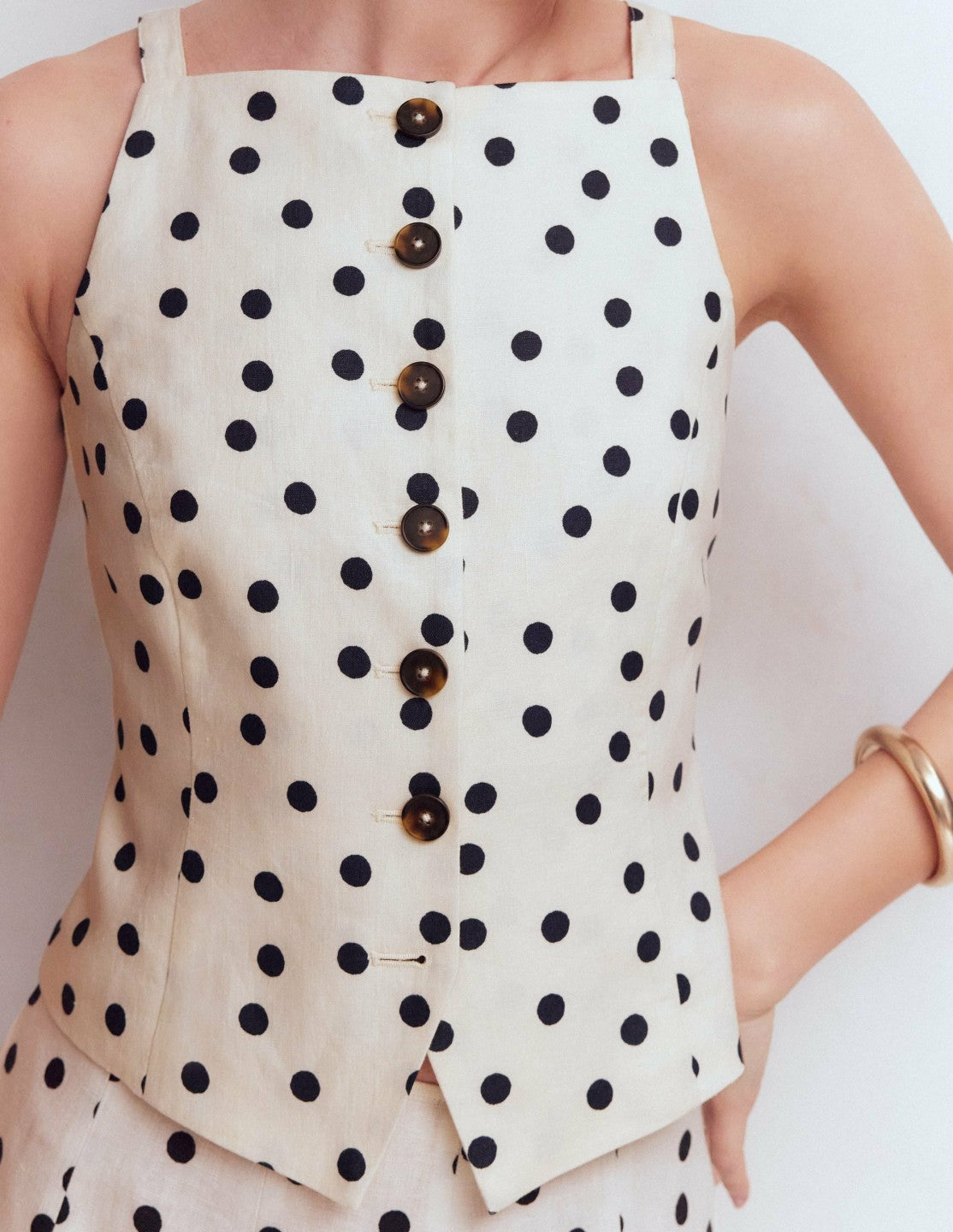 Boden Women Square Neck Linen Waistcoat-Ivory, Painted Dot Spaced