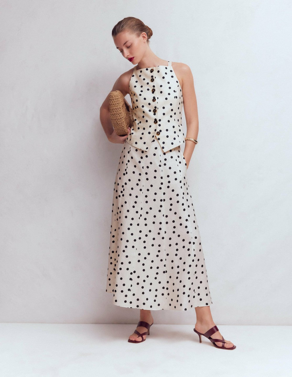 Boden Women Square Neck Linen Waistcoat-Ivory, Painted Dot Spaced