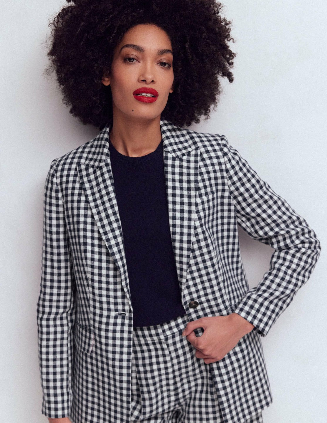 Boden Women Woodbridge Linen Blazer-Navy, Ivory Gingham