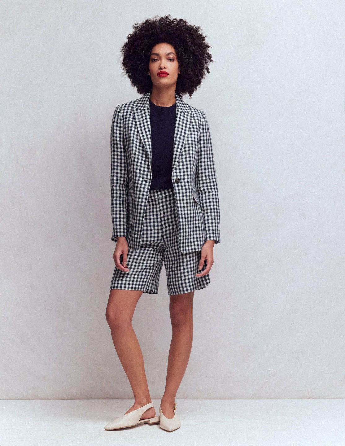 Boden Women Woodbridge Linen Blazer-Navy, Ivory Gingham