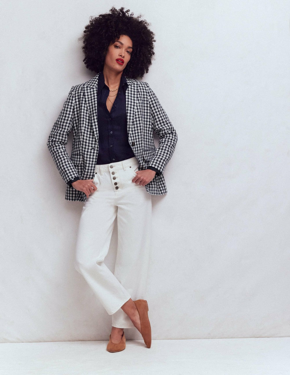 Boden Women Woodbridge Linen Blazer-Navy, Ivory Gingham