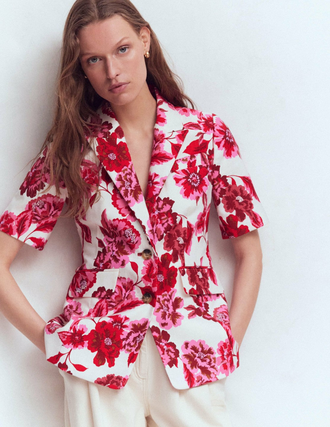 Boden Women Short Sleeve Cotton Blazer-Sangria Sunset, Floral Print