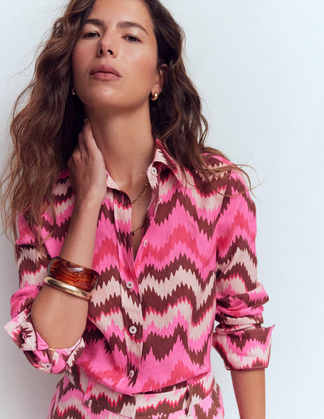 Boden Women Sienna Linen Shirt-Pink Punch, Zig Zag Wave