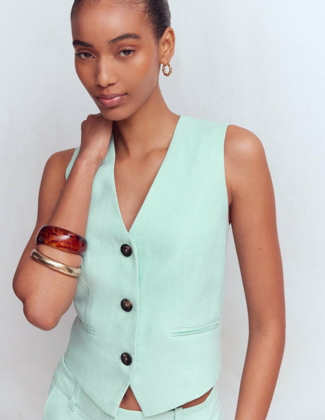 Boden Women V-neck Linen Waistcoat-Spearmint