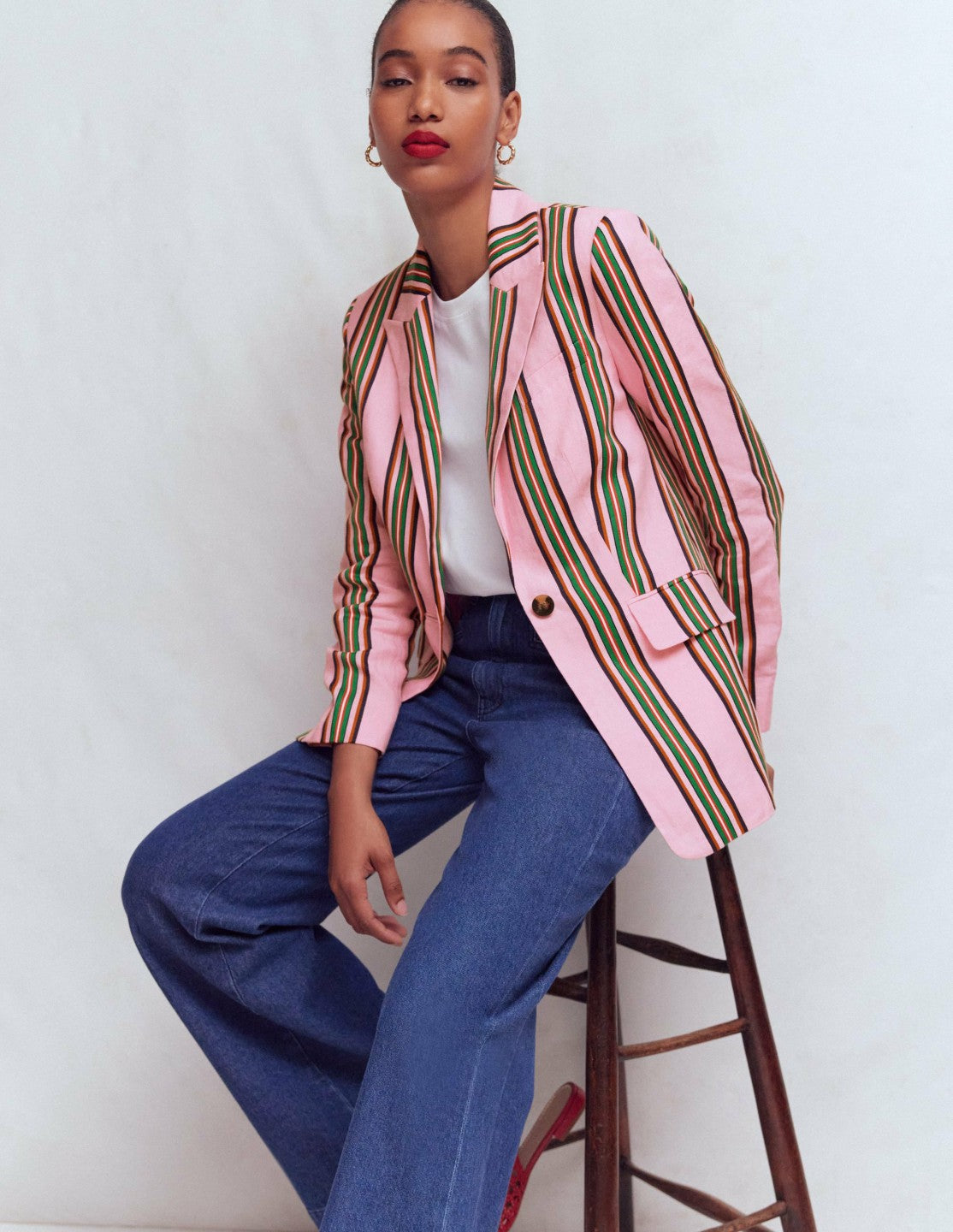 Boden Women Woodbridge Linen Blazer-Pink, Rich Emerald Stripe