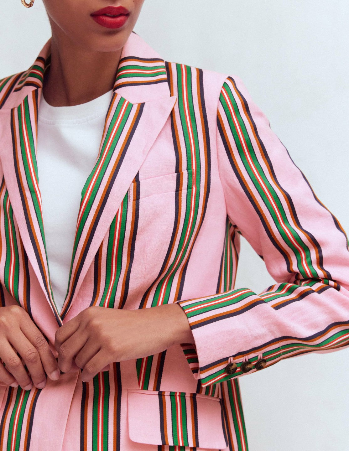 Boden Women Woodbridge Linen Blazer-Pink, Rich Emerald Stripe