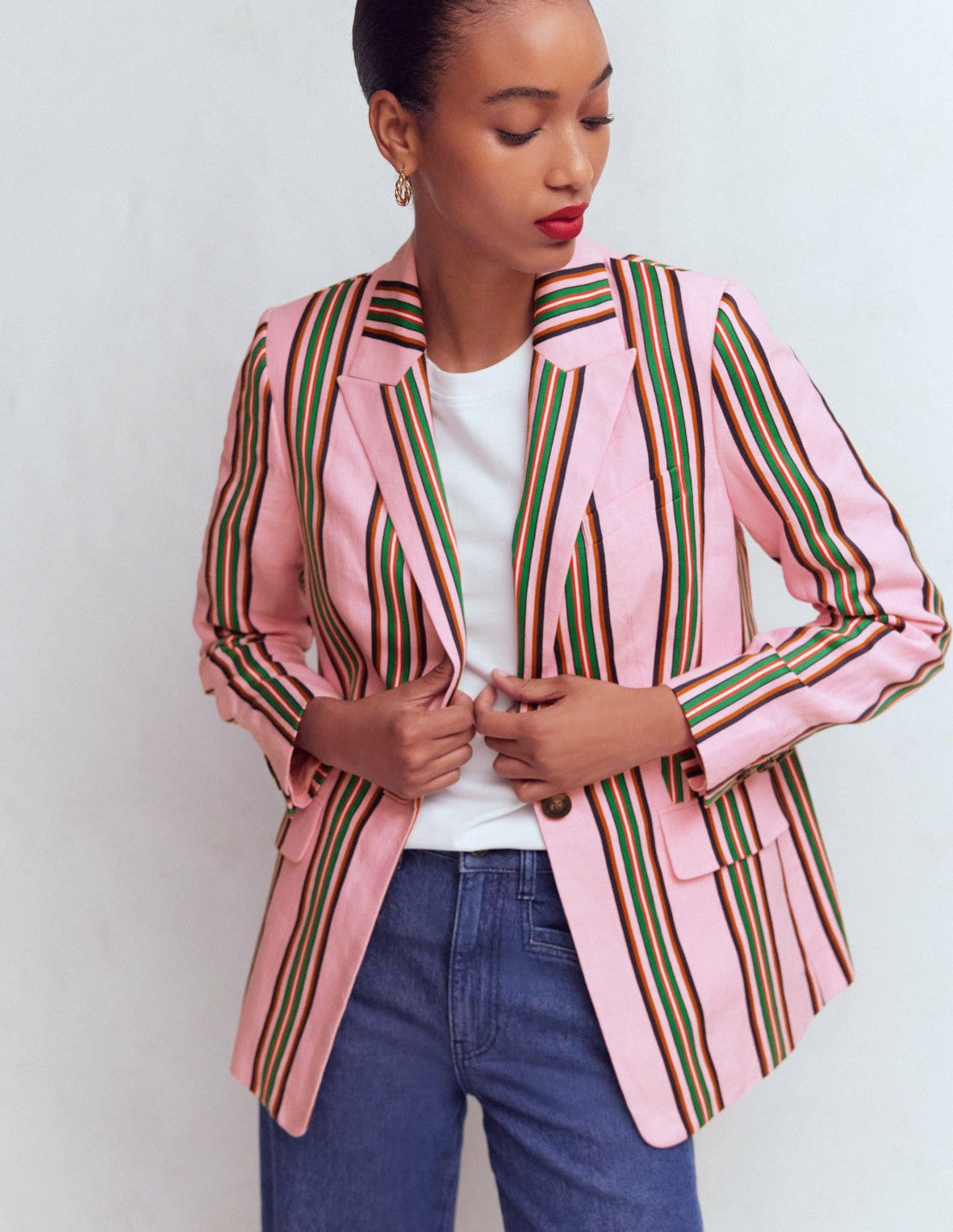 Boden Women Woodbridge Linen Blazer-Pink, Rich Emerald Stripe