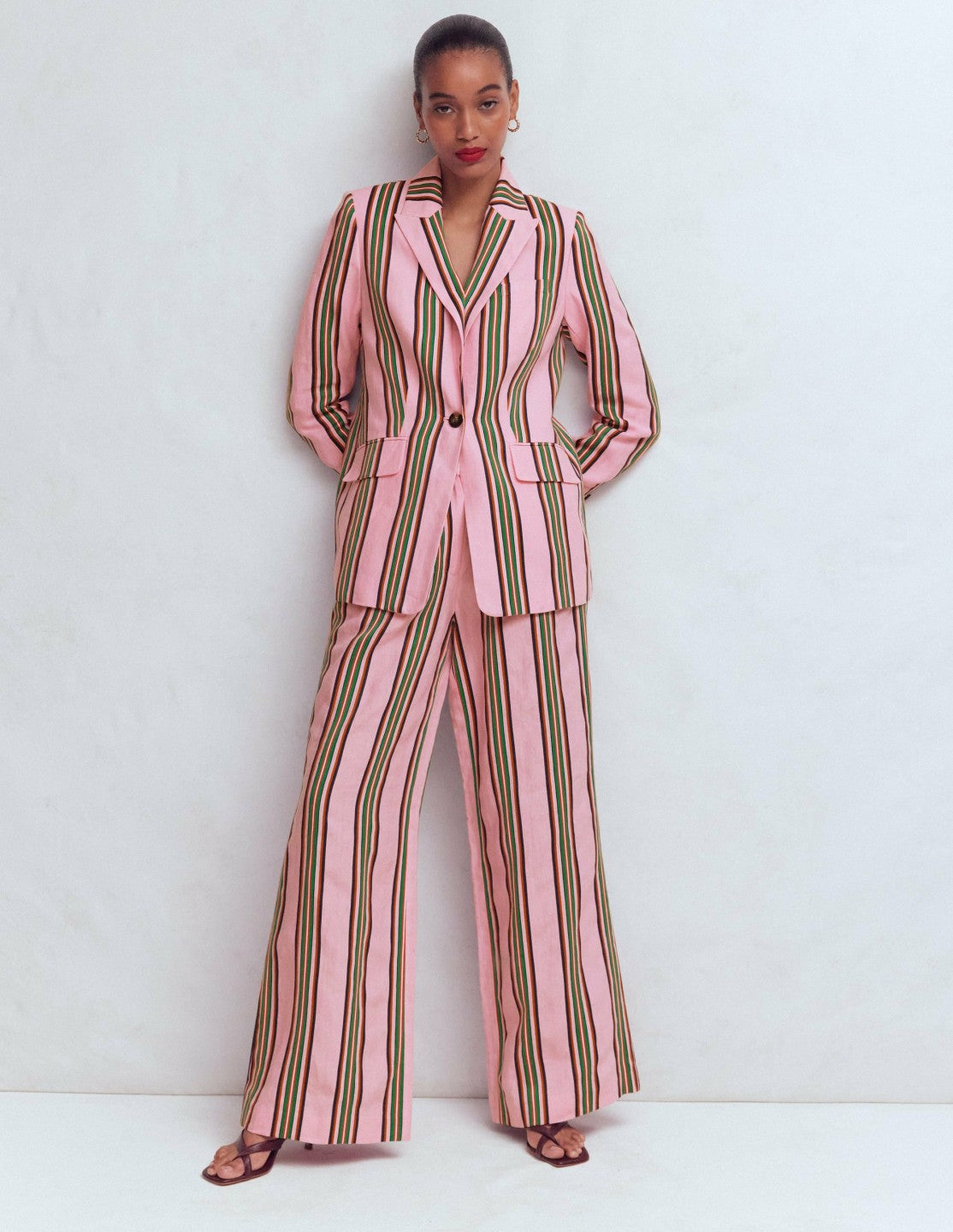 Boden Women Woodbridge Linen Blazer-Pink, Rich Emerald Stripe