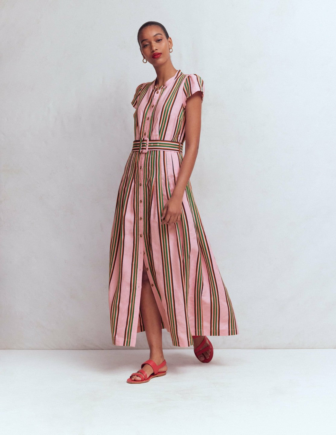 Boden Women|Dresses Arabella Linen Blend Dress-Pink, Rich Emerald Stripe