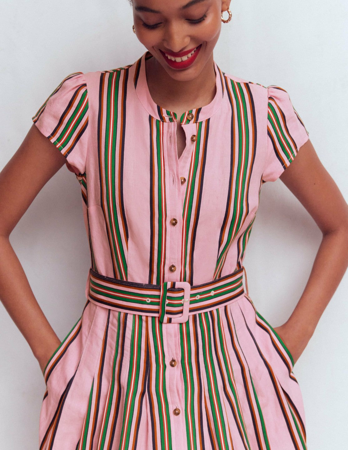 Boden Women|Dresses Arabella Linen Blend Dress-Pink, Rich Emerald Stripe