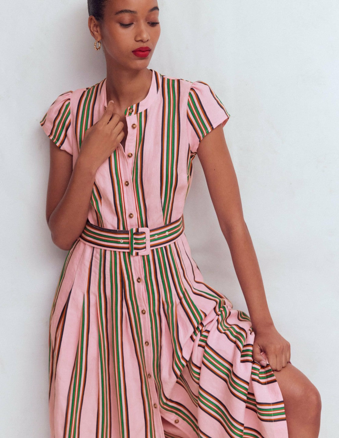 Boden Women|Dresses Arabella Linen Blend Dress-Pink, Rich Emerald Stripe