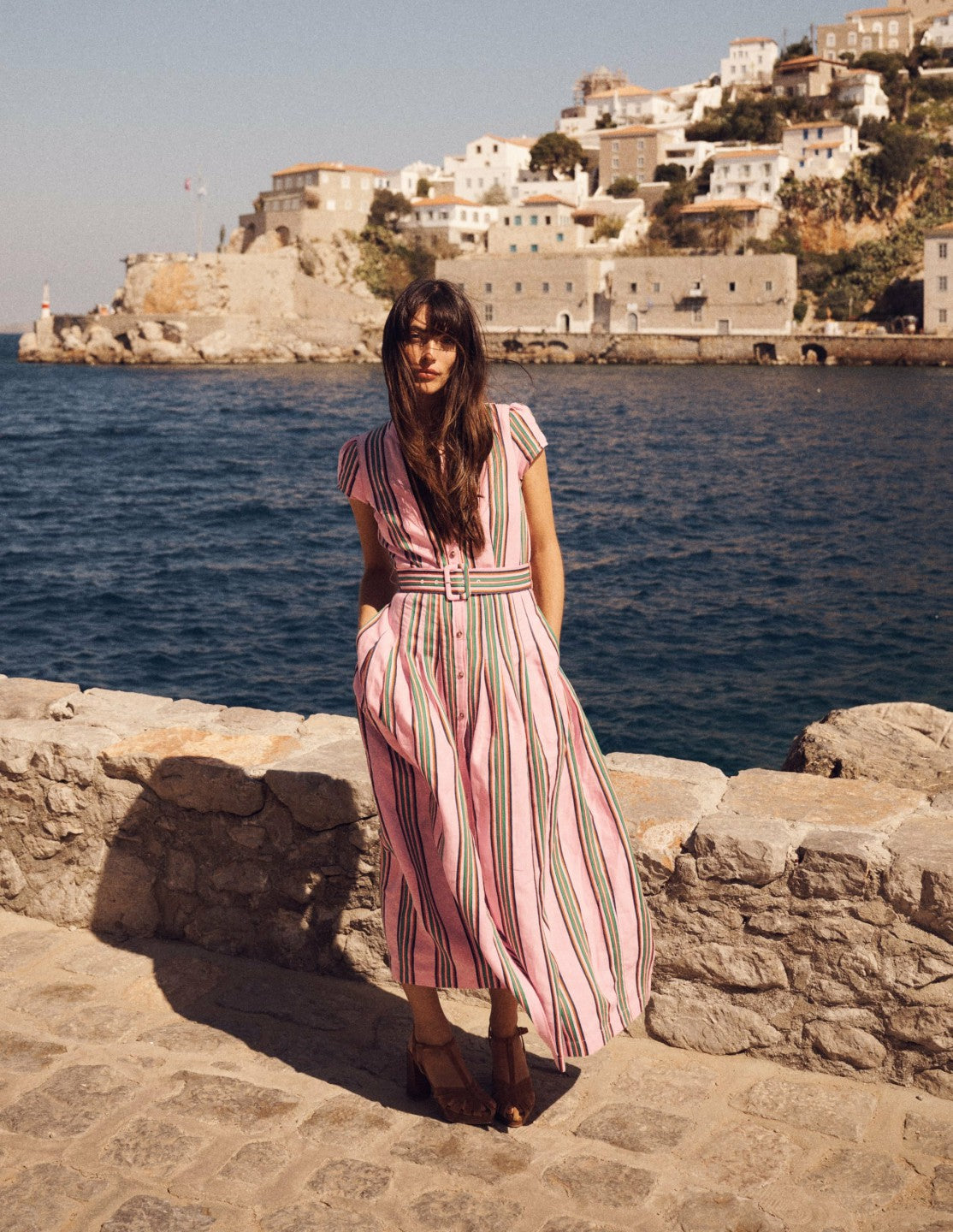 Boden Women|Dresses Arabella Linen Blend Dress-Pink, Rich Emerald Stripe