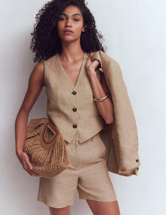 Boden Women V-neck Linen Waistcoat-Amphora, Chambray
