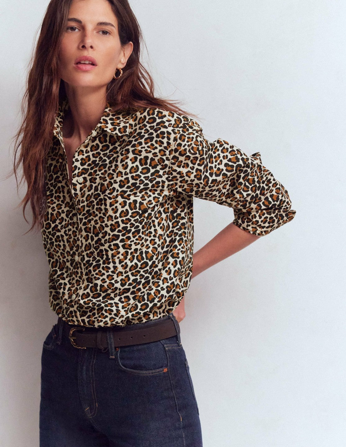 Boden Women Sadie Relaxed Cotton Shirt-Soft Cream, Leopard Flow