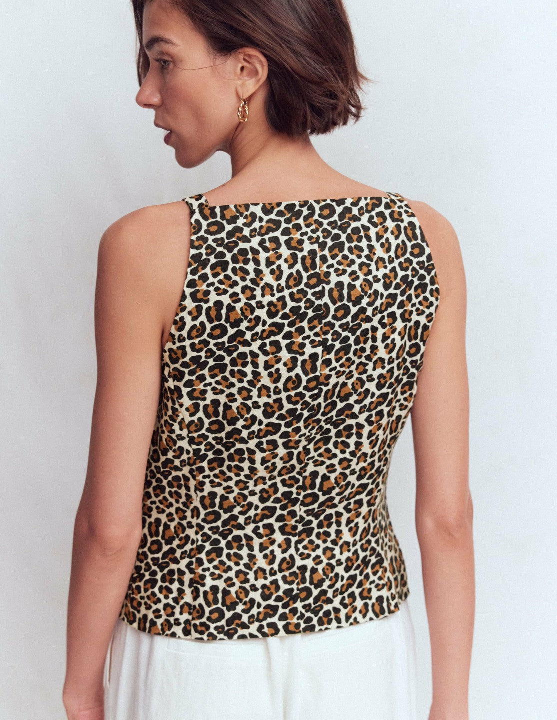 Boden Women Square Neck Linen Waistcoat-Leopard Print