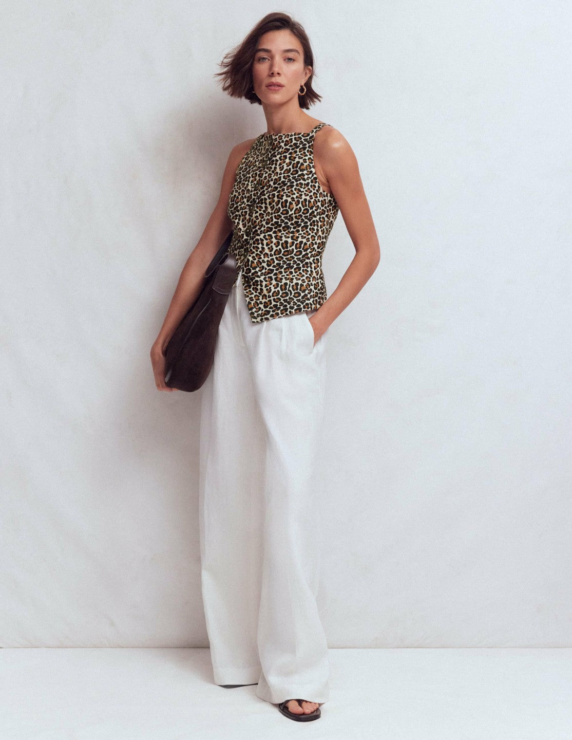 Boden Women Square Neck Linen Waistcoat-Leopard Print