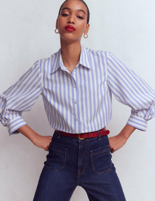 Boden Women Puff Sleeve Oxford Shirt-Navy, Ivory Stripe