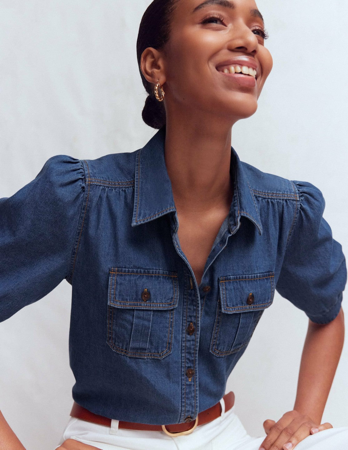 Boden Women Short Sleeve Denim Top-Light Vintage