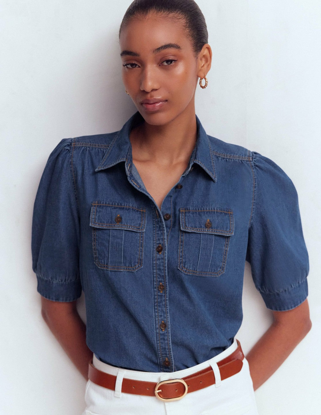 Boden Women Short Sleeve Denim Top-Light Vintage