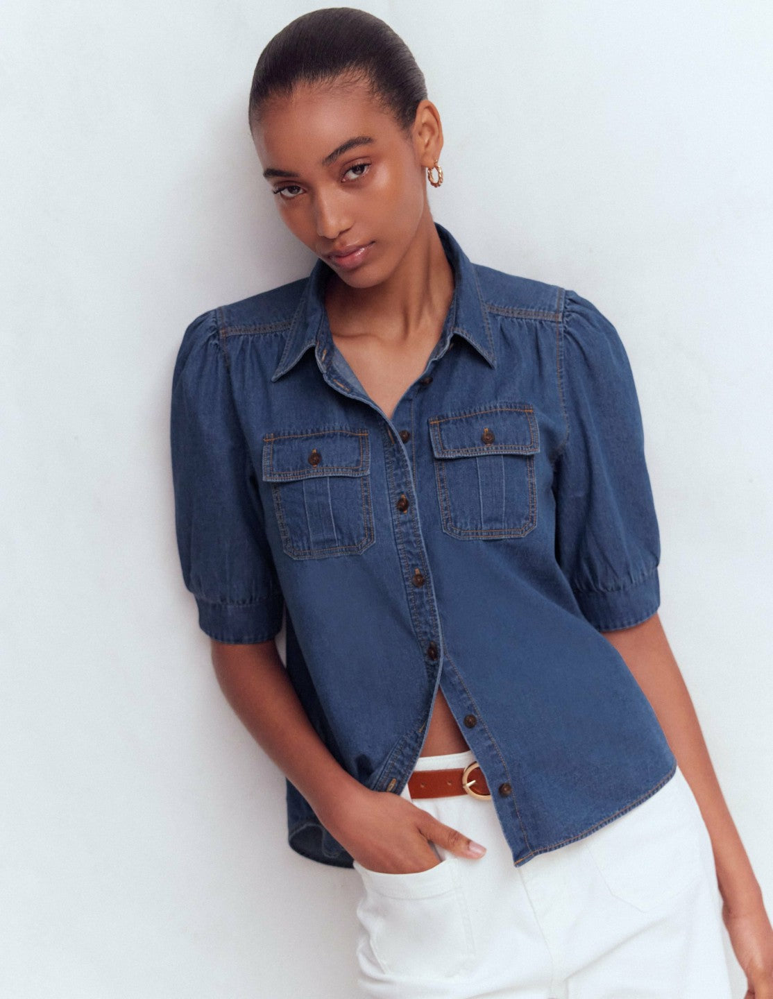 Boden Women Short Sleeve Denim Top-Light Vintage