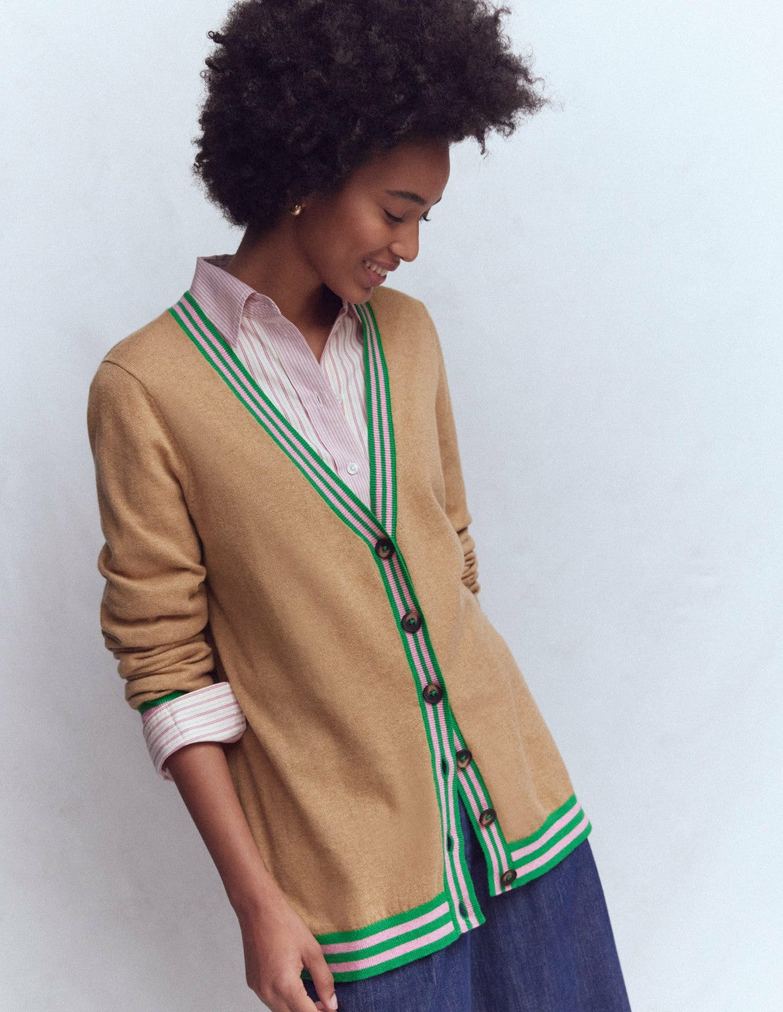Boden Women V Neck Longline Cardigan-Camel Melange