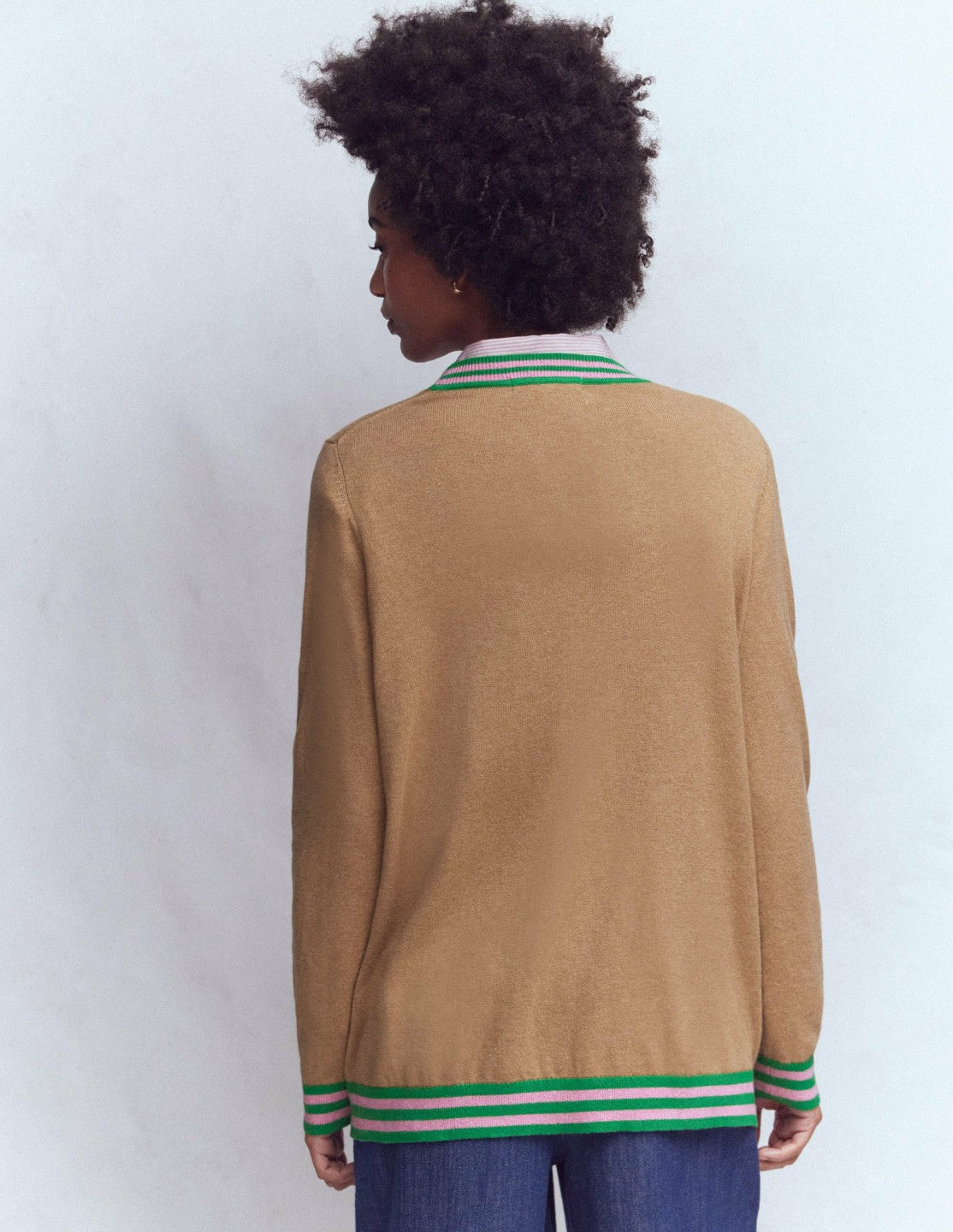 Boden Women V Neck Longline Cardigan-Camel Melange